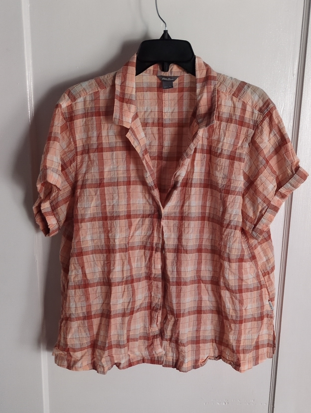 Eddie Bauer Peach Plaid Short-Sleeve Button Down Shirt